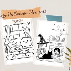 May include: Two black and white illustrations depicting cozy Halloween scenes. One shows a ghost on a couch with a jack-o'-lantern, the other a witch with a black cat by a fireplace. The text "Cozy Halloween Moments" is at the top.