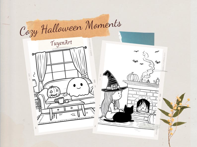 May include: Two black and white illustrations depicting cozy Halloween scenes. One shows a ghost on a couch with a jack-o'-lantern, the other a witch with a black cat by a fireplace. The text "Cozy Halloween Moments" is at the top.
