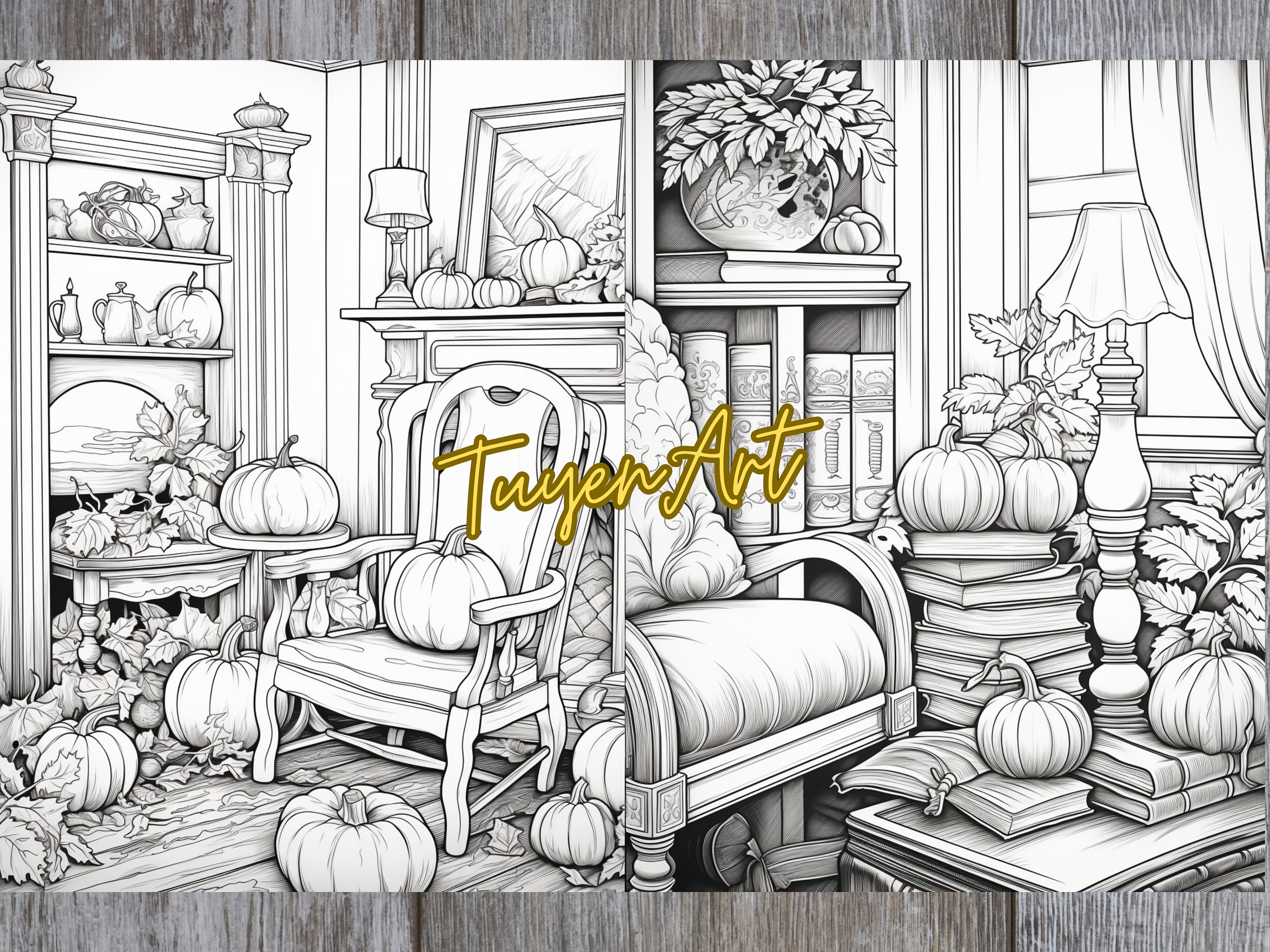 Cozy Fall Interior Coloring Book, Fall Pumpkin Design Coloring Pages ...