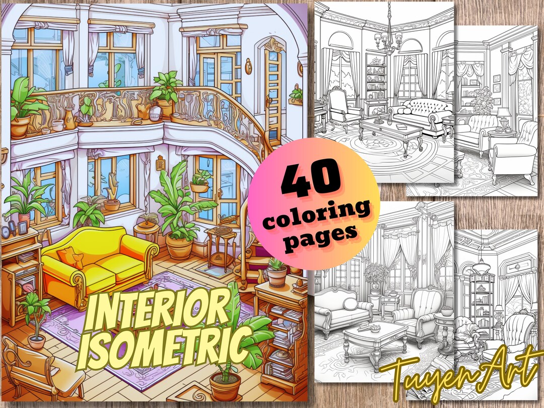 Interior Isometric Coloring Pages, House Isometric Coloring Book, Cozy