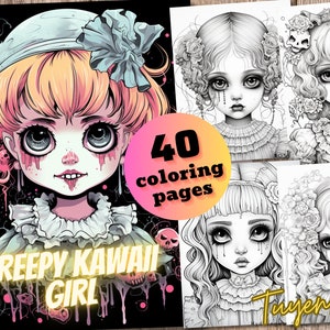 Creepy Kawaii Girls Coloring Book for Kids and Adults, Spooky Coloring Pages, Instant Download, Creepy Prints