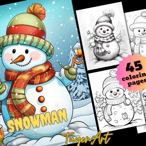 Libro para colorear de muñeco de nieve de Navidad, invierno de Navidad, páginas para colorear en escala de grises de vacaciones festivas de Noel, descarga instantánea, muñeco de nieve para adultos + niños