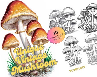 Unique Vintage Mushroom Coloring Book, Enchanting Mushroom Coloring Pages, Mushroom Designs Grayscale Coloring Sheets, Printable PDF File