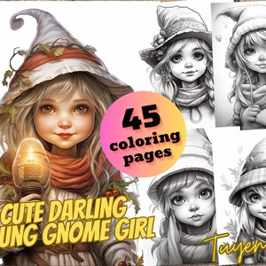 Cute darling young Gnome girl, Coloring pages for Adults and kids, PDF file, printable, coloring book for relax