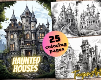Haunted Houses Grayscale Coloring Pages, Castle Coloring Book, Instant Digital Download, Printable PDF