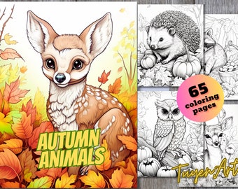 Autumn Animals Coloring Book, Fall Animals Coloring Pages, Autumn Charm, Grayscale Autumn Leaves Coloring Sheets for Adults and Kids