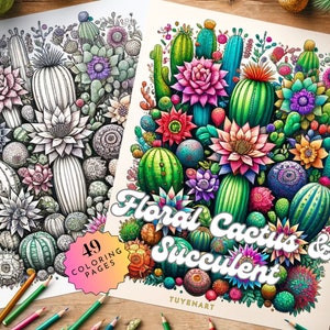 Floral Cactus & Succulent Coloring Book, Fantasy Grayscale, Blooming Cacti Printable Grayscale, Flowering Cactus, Instant Download