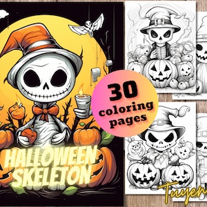 Halloween Skeleton Coloring Book, Haunted Coloring Page, Printable Coloring Page, Halloween Coloring Pages for Adults + Kids