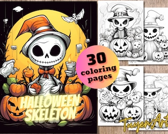 Halloween Skeleton Coloring Book, Haunted Coloring Page, Printable Coloring Page, Halloween Coloring Pages for Adults + Kids