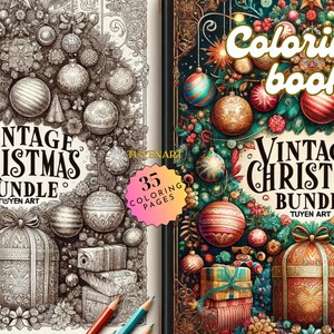 Vintage Christmas Bundle Coloring Book, Xmas Coloring Pages for Adults and Kids, Digital Download, PDF File, Grayscale Christmas