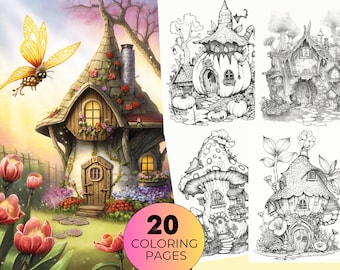 20 Fairytale Houses Coloring Book, woodhouses, fairy house, enchanted, Adults Coloring Pages, Coloring PDF