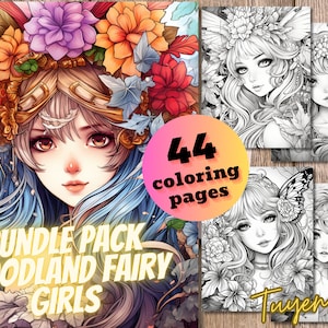 Bundle Pack Woodland Fairy Girls Fantasy Anime Coloring Book, Coloring Pages for Adults & Kids, Printable PDF, Instant Download