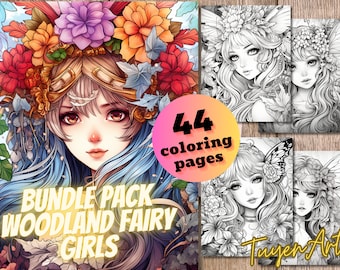 May include: A bundle pack of 44 coloring pages featuring woodland fairy girls. The cover image shows a girl with blue hair wearing a flower crown and a golden headband. The text "Bundle Pack Woodland Fairy Girls" is displayed on the cover.