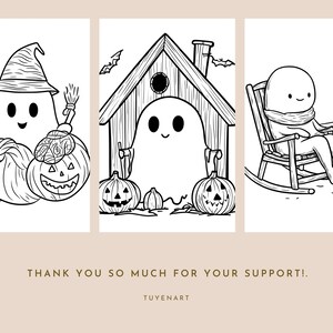 May include: Black and white line art illustrations of Halloween-themed characters. One image shows a ghost with a witch hat and pumpkins. Another depicts a ghost in a dog house with pumpkins. The last shows a ghost in a rocking chair.