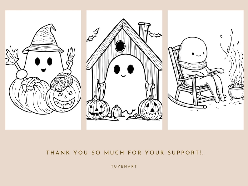 May include: Black and white line art illustrations of Halloween-themed characters. One image shows a ghost with a witch hat and pumpkins. Another depicts a ghost in a dog house with pumpkins. The last shows a ghost in a rocking chair.