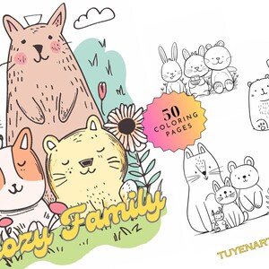 K&ouml;nnte beinhalten: Eine Schwarzwei&szlig;illustration einer gem&uuml;tlichen Tierfamilie. Die Illustration zeigt eine Katze, ein Kaninchen und einen B&auml;ren. Der Text "Cozy Family" ist in gelber Schrift am unteren Rand des Bildes geschrieben. Der Text "50 Coloring Pages" ist in rosa und orangefarbener Schrift auf einer Sternform geschrieben.