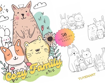 Cozy Family Coloring Book, Cute Animals Coloring Pages, Cozy Moments Coloring Sheets, Digital Download, PDF File, Cozy Friends Coloring Page
