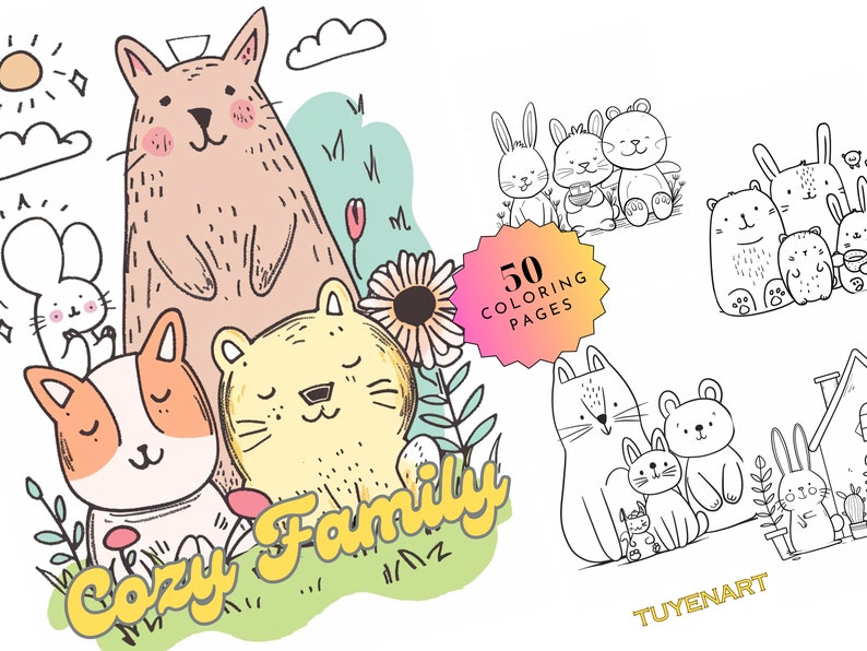 K&ouml;nnte beinhalten: Eine Schwarzwei&szlig;illustration einer gem&uuml;tlichen Tierfamilie. Die Illustration zeigt eine Katze, ein Kaninchen und einen B&auml;ren. Der Text "Cozy Family" ist in gelber Schrift am unteren Rand des Bildes geschrieben. Der Text "50 Coloring Pages" ist in rosa und orangefarbener Schrift auf einer Sternform geschrieben.