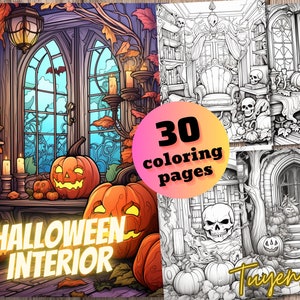 Halloween Interior Coloring Book, Printable PDF, Spooky Creepy Pumpkin Architecture Coloring Pages, Instant download