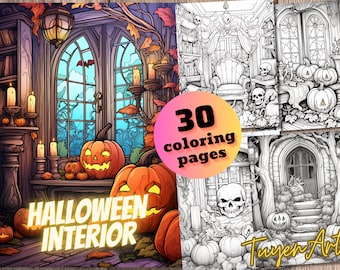 May include: A set of 30 colouring pages featuring a spooky Halloween interior with pumpkins, candles, and a skull. The text "HALLOWEEN INTERIOR" is featured on the cover.