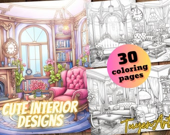 Cute Interior Designs Coloring Book for Adults - Boho and Nordic Interior, Coloring Pages for Relaxation, Instant Download