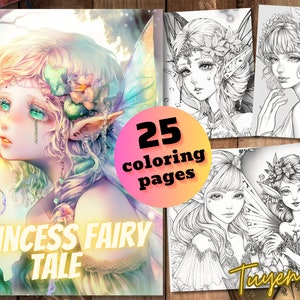 Princess Fairy Tale Coloring Book, Adult Coloring Pages, Fairies Wearing Glasses, Instant Download, Grayscale Coloring Book, Printable PDF