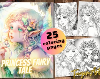 Princess Fairy Tale Coloring Book, Adult Coloring Pages, Fairies Wearing Glasses, Instant Download, Grayscale Coloring Book, Printable PDF