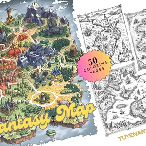 Fantasy Karte Malbuch, Landschaften Fantasy Welten Malseite, Magische Welten Malseiten, druckbare Weltkarte, sofort Download