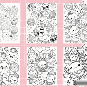 May include: Six black and white coloring pages featuring cute cartoon characters and objects. The pages include cupcakes, strawberries, a bunny, a backpack, and other fun designs.