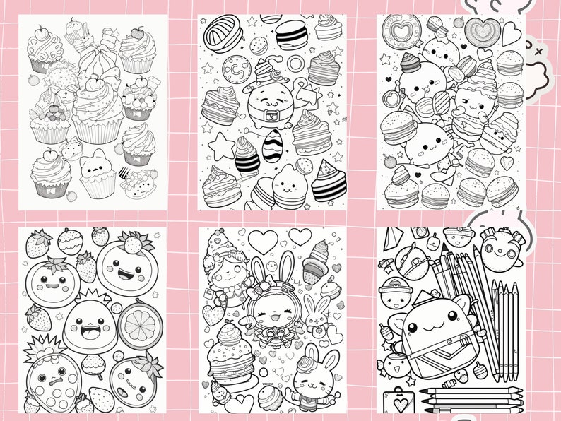 May include: Six black and white coloring pages featuring cute cartoon characters and objects. The pages include cupcakes, strawberries, a bunny, a backpack, and other fun designs.