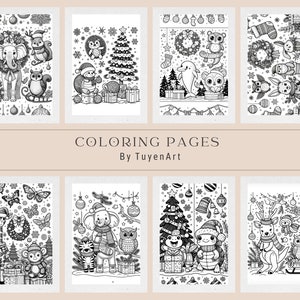 May include: A set of eight black and white coloring pages featuring various animals celebrating Christmas. The pages include a giraffe, elephant, owl, turtle, kangaroo, hedgehog, dolphin, and a bunny. The text "COLORING PAGES By TuyenArt" is at the bottom of the image.