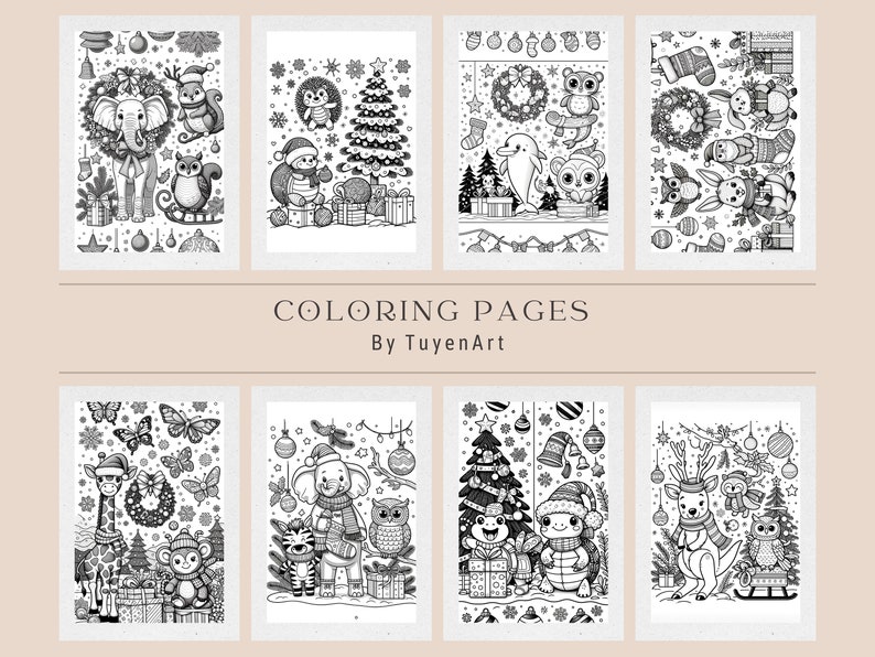 May include: A set of eight black and white coloring pages featuring various animals celebrating Christmas. The pages include a giraffe, elephant, owl, turtle, kangaroo, hedgehog, dolphin, and a bunny. The text "COLORING PAGES By TuyenArt" is at the bottom of the image.
