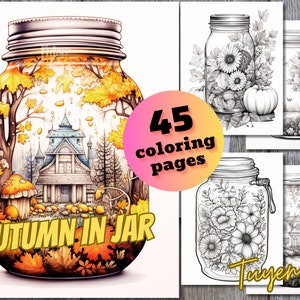 Autumn In Jar Coloring Book, Autumn Coloring Pages, Cute Fall Coloring Pages for Kids and Adults, Instant Download, Digital