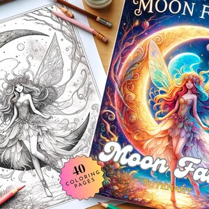Moon Fairies Coloring Book, Fairy girl Coloring Pages,  Fantasy Coloring Sheet, Instant Download, Grayscale, PDF Files