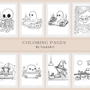 May include: A collection of black and white Halloween-themed coloring pages. The illustrations include a skeleton by a fireplace, ghosts with pumpkins, a bat in a web, and a witch with a pumpkin. The text "COLORING PAGES By TuyenArt" is also present.