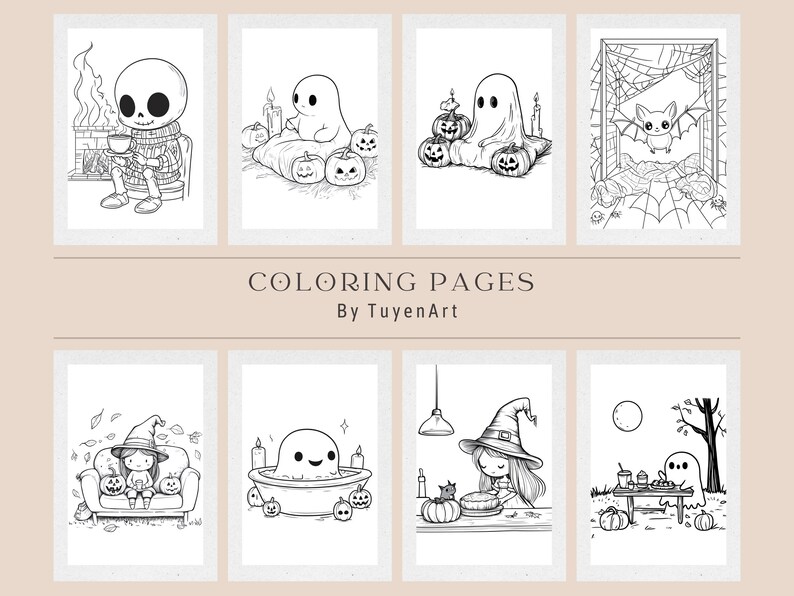May include: A collection of black and white Halloween-themed coloring pages. The illustrations include a skeleton by a fireplace, ghosts with pumpkins, a bat in a web, and a witch with a pumpkin. The text "COLORING PAGES By TuyenArt" is also present.