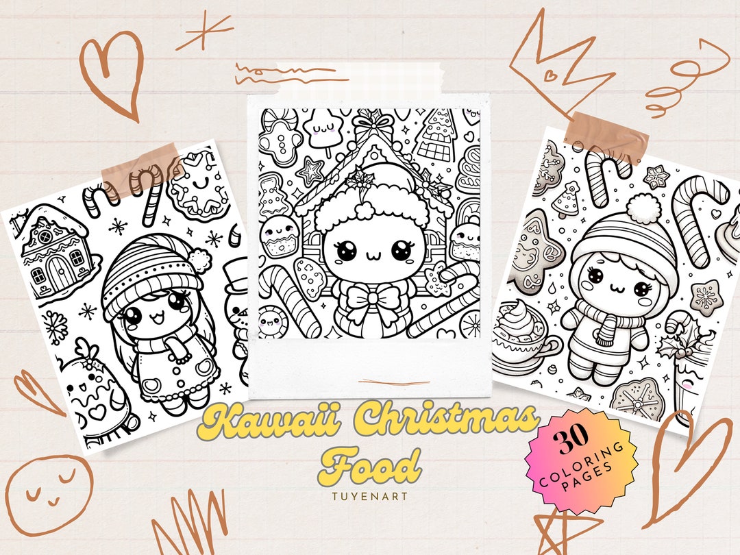 Kawaii Christmas Food Coloring Book, Kawaii Christmas Coloring Pages