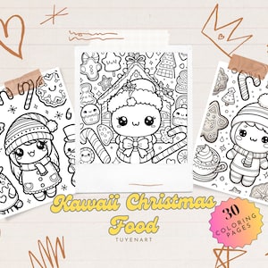 Kawaii Christmas Food Coloring Book, Kawaii Christmas Coloring Pages, Xmas Santa, Cute Kawaii, Instant Download, Printable PDF