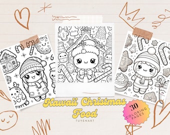 Kawaii Christmas Food Coloring Book, Kawaii Christmas Coloring Pages, Xmas Santa, Cute Kawaii, Instant Download, Printable PDF