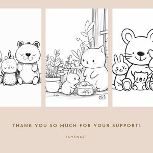 K&ouml;nnte beinhalten: Schwarz-wei&szlig;-Zeichnungen von einem Kaninchen, einem B&auml;ren, einer Katze, einer Maus und anderen kleinen Tieren. Die Illustrationen sind im Cartoon-Stil gehalten und auf wei&szlig;em Hintergrund. Der Text "THANK YOU SO MUCH FOR YOUR SUPPORT!" befindet sich am unteren Rand des Bildes.