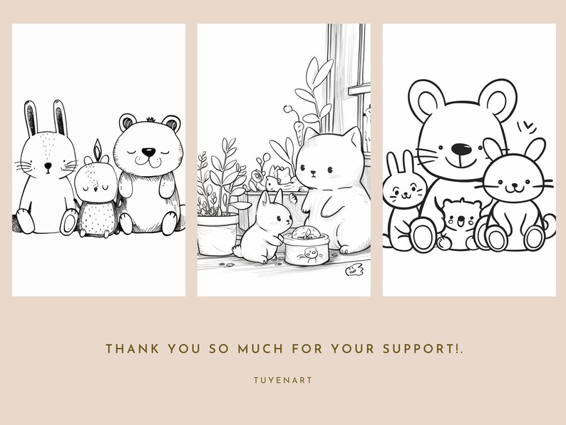 K&ouml;nnte beinhalten: Schwarz-wei&szlig;-Zeichnungen von einem Kaninchen, einem B&auml;ren, einer Katze, einer Maus und anderen kleinen Tieren. Die Illustrationen sind im Cartoon-Stil gehalten und auf wei&szlig;em Hintergrund. Der Text "THANK YOU SO MUCH FOR YOUR SUPPORT!" befindet sich am unteren Rand des Bildes.