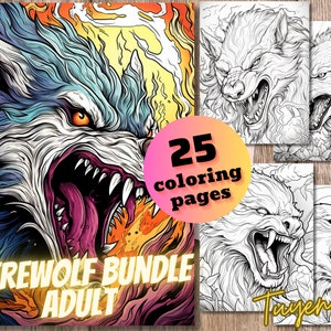 Werewolf Bundle Adult Coloring Book, Printable PDF Sheets, Instant Download, Grayscale Coloring, Adults + Kids, Monster Wolf Dog