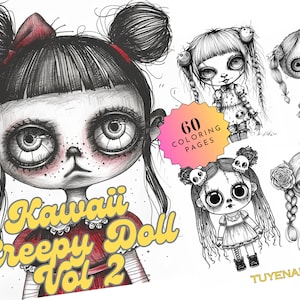 Kawaii Creepy Doll - Vol 2 Coloring Book, Horror Spooky Little Doll, Grayscale Coloring Page, Gothic Doll, Cute Creepy Doll Digital Download