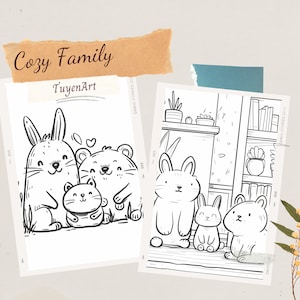 K&ouml;nnte beinhalten: Eine Schwarzwei&szlig;-Malvorlage mit einer Tierfamilie. Die Familie besteht aus einem Kaninchen, einer Katze und einem B&auml;ren. Die Tiere sind im Cartoon-Stil gezeichnet und l&auml;cheln alle. Der Text "Cozy Family" und "TuyenArt" befindet sich oben auf der Seite.
