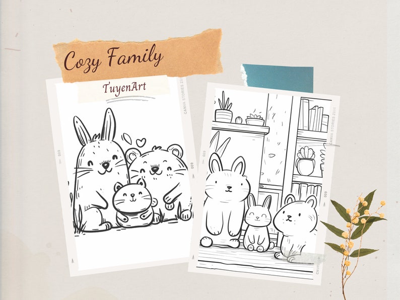 K&ouml;nnte beinhalten: Eine Schwarzwei&szlig;-Malvorlage mit einer Tierfamilie. Die Familie besteht aus einem Kaninchen, einer Katze und einem B&auml;ren. Die Tiere sind im Cartoon-Stil gezeichnet und l&auml;cheln alle. Der Text "Cozy Family" und "TuyenArt" befindet sich oben auf der Seite.