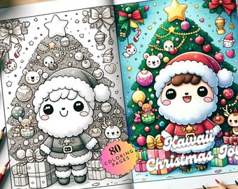 Kawaii Julglädje Målarbok, Kawaii Gåvor, Söta Kawaii Julmålarbilder, Jultomten, Digital Nedladdning för Vuxna + Barn