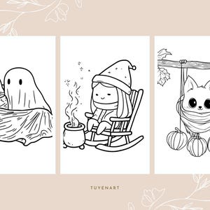 May include: Black and white illustrations of cute characters. One shows a cat and ghost, another a girl by a fire, and the last a bat with pumpkins. The text "TUYENART" is at the bottom.