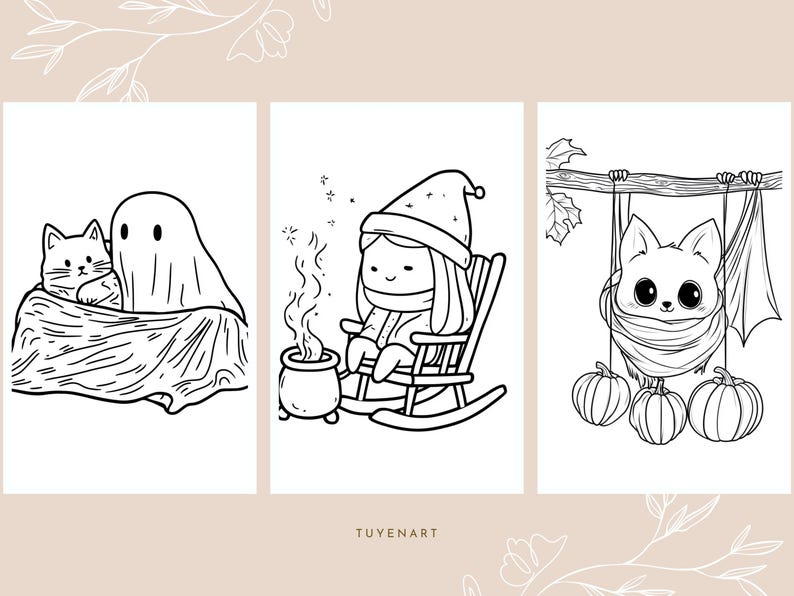 May include: Black and white illustrations of cute characters. One shows a cat and ghost, another a girl by a fire, and the last a bat with pumpkins. The text "TUYENART" is at the bottom.