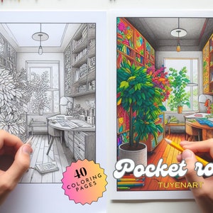 Pocket Room Interior Design Coloring Book, Boho Interior Design Coloring Pages, Cozy Bedroom, Isometric Room, Digital Download