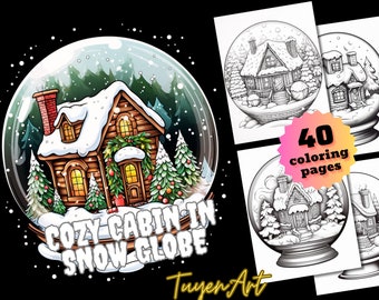 Gemütliche Hütte in Schneekugel Malbuch, Weihnachten Malvorlagen, PDF Winter Wunderland, Schneekugel Malvorlagen, Sofort Download